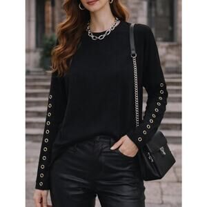 Carmen Marc Valvo Gold Ring Sleeve Sweater Size Large Black Oversized Y2K Biker